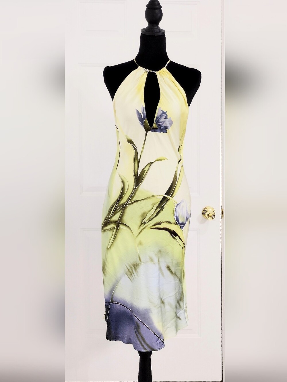 90's Victoria Secret Yellow Green Floral Halter Midi Nightgown.